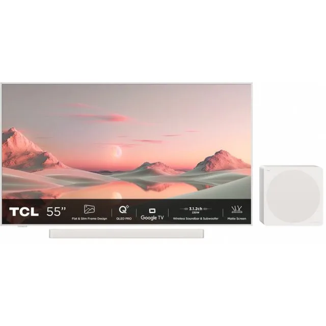TCL NXTFRAME 55A300W Pro White QLED TV | 55'' Ultra HD 4K | Wireless Soundbar and Subwoofer | Wi-Fi | Smart TV | Google TV | HDR10+ | 120Hz | Refurbished Gold