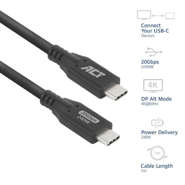 ACT | USB4 Cable | 20Gbps | 240W | USB-C to USB-C | 1m | Black