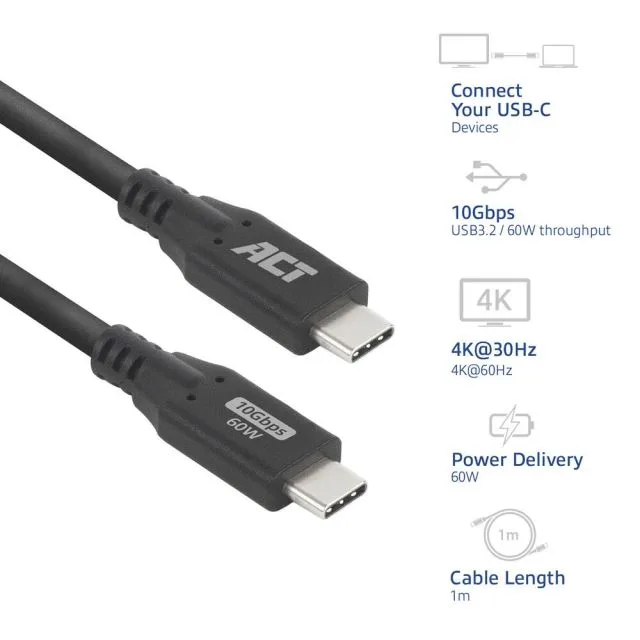 ACT | USB 3.0 Cable | 10Gbps | 60W | USB-C to USB-C | 1m | Black