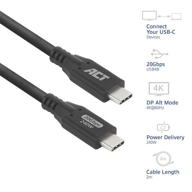 ACT | USB4 Cable | 20Gbps | 240W | USB-C to USB-C | 2m | Black
