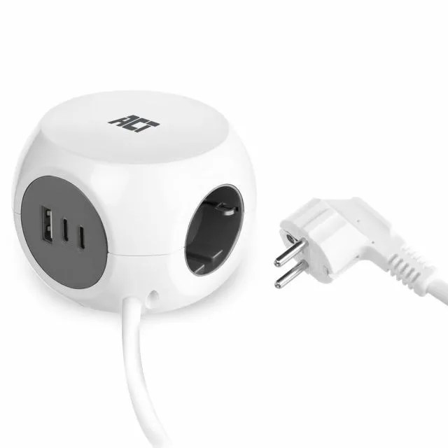 ACT Cube Power Strip | 3 Sockets | USB-A & USB-C | 30W | 1.5 m | White